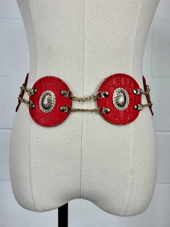 Vintage Western Disc Belt Silver Concho Red Embossed Faux Leather Gold Chain S/M - Picture 13 of 13